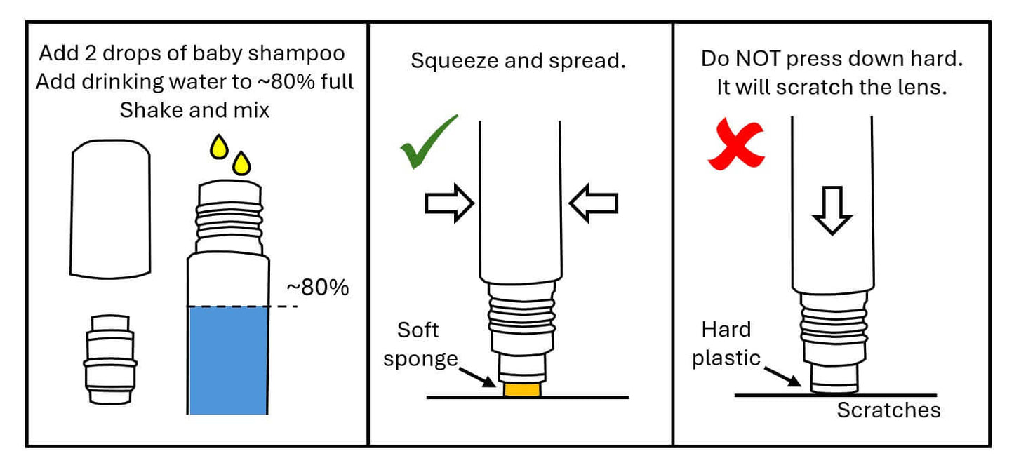 To use the anti-fog application tube, remove the cap and plastic piece that holds the soft sponge before adding 2 drops baby shampoo and filling 80% full with drinking water. Shake to mix. Squeeze the tube and spread it on the inside of the goggle lenses without pushing down hard. The hard plastic rim at the base of the sponge will scratch the lens.