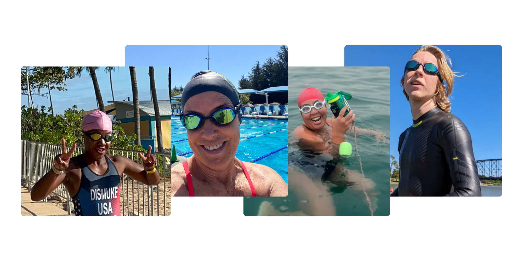 Collage of four images of people wearing Snake & Pig goggles, from L to R: A triathlete running to T1, a masters swimmer at an outdoor pool, a marathon swimmer in the ocean taking a feed, a triathlete in a wetsuit