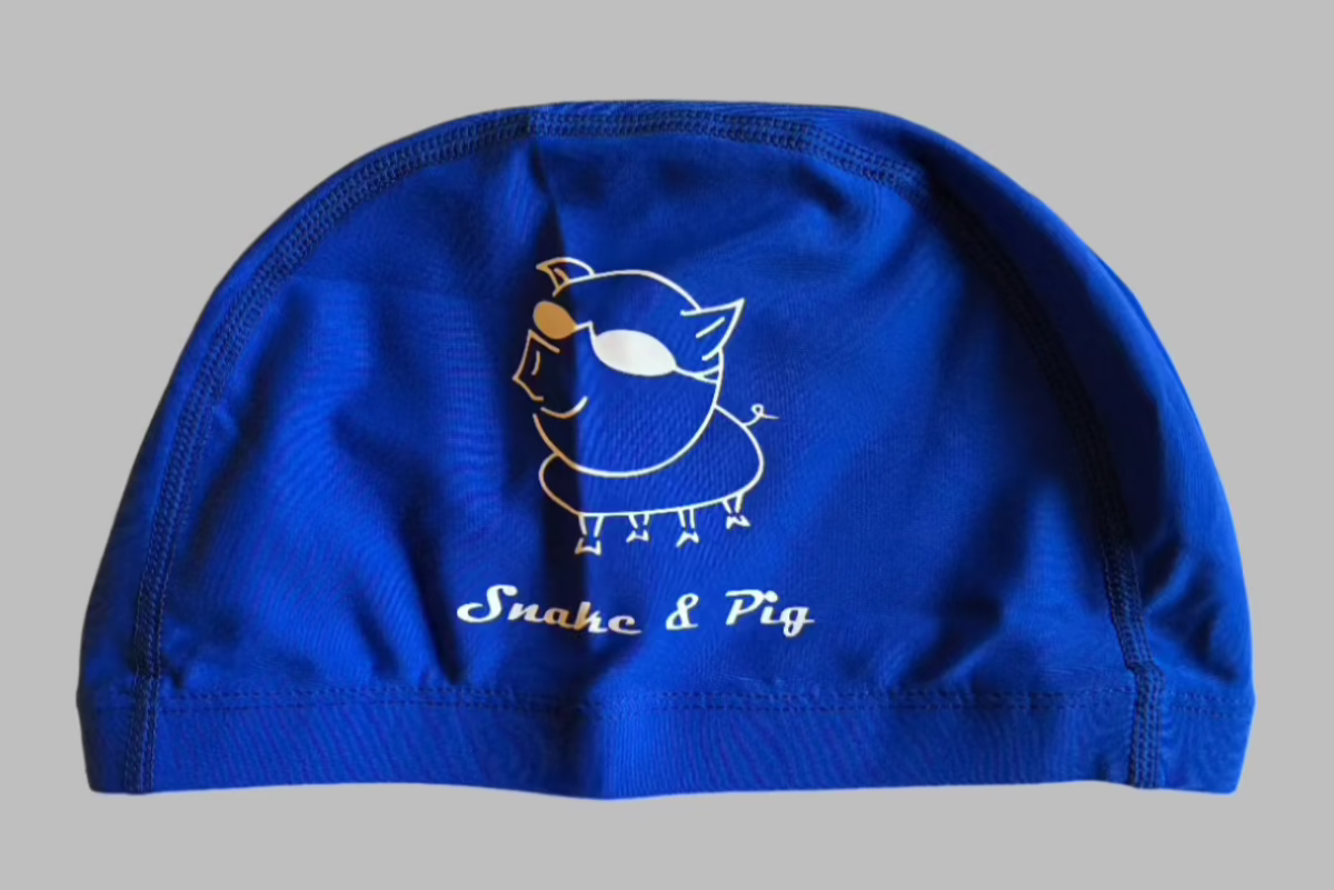 Blue lycra fabric swim cap with Snake and Pig logo on both sides