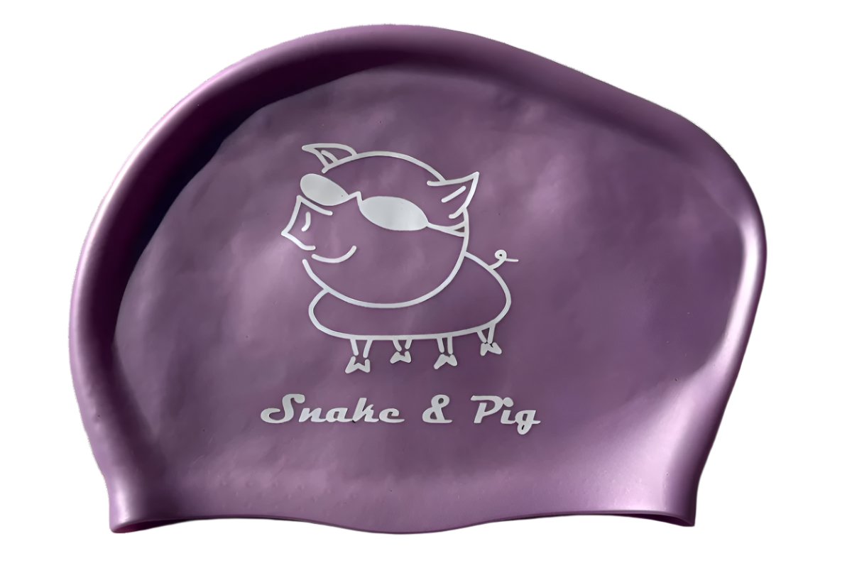 Light purple long hair cap with white printed pig and "Snake & Pig" on it