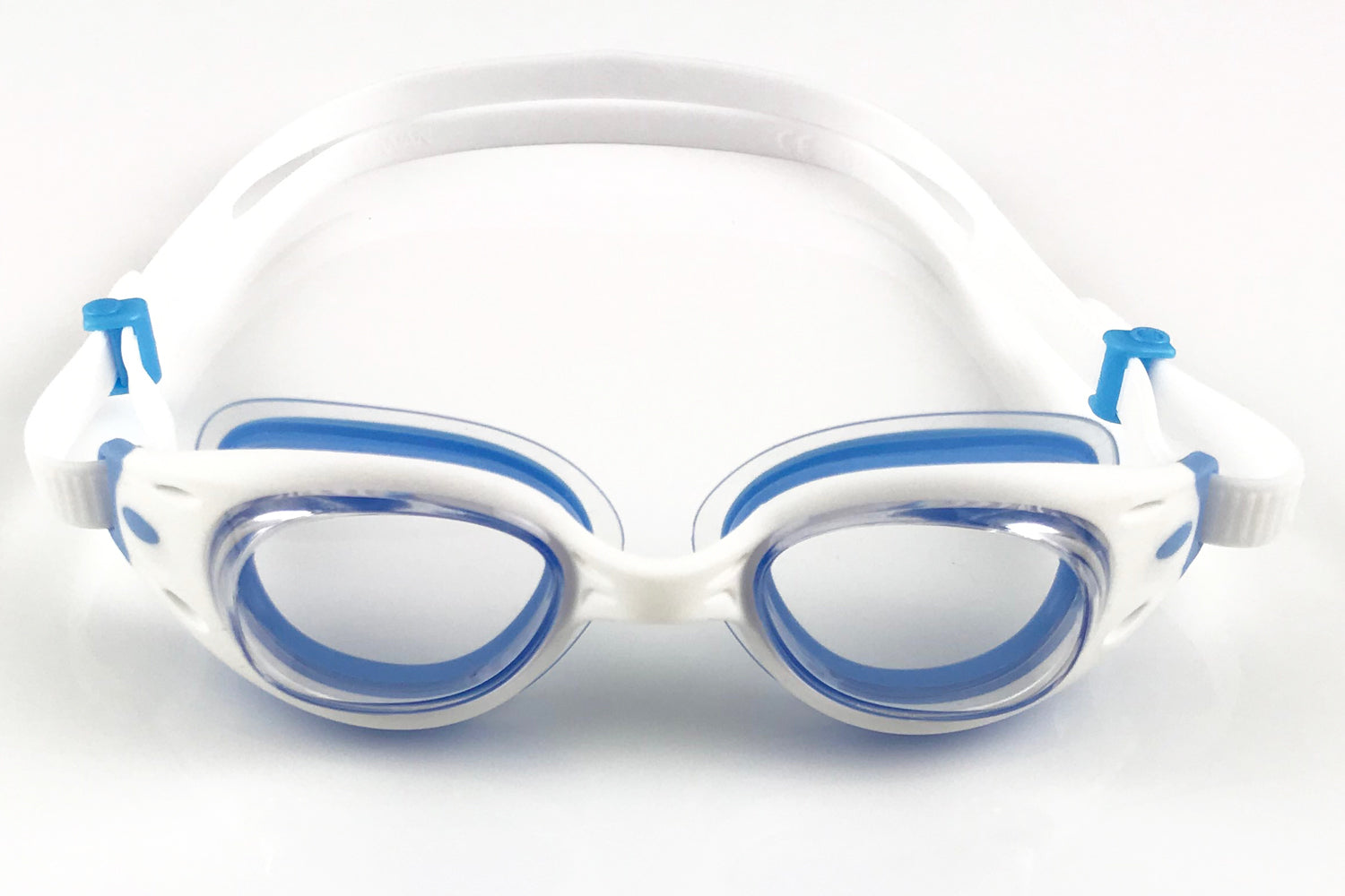 Junior Basilisk goggles - blue clear have a white frame and strap, and blue gaskets