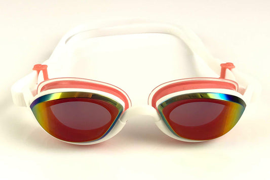 A pair of Snake and Pig Basilisk swimming goggles with pink gaskets and tinted lenses that have a rose-colored finish