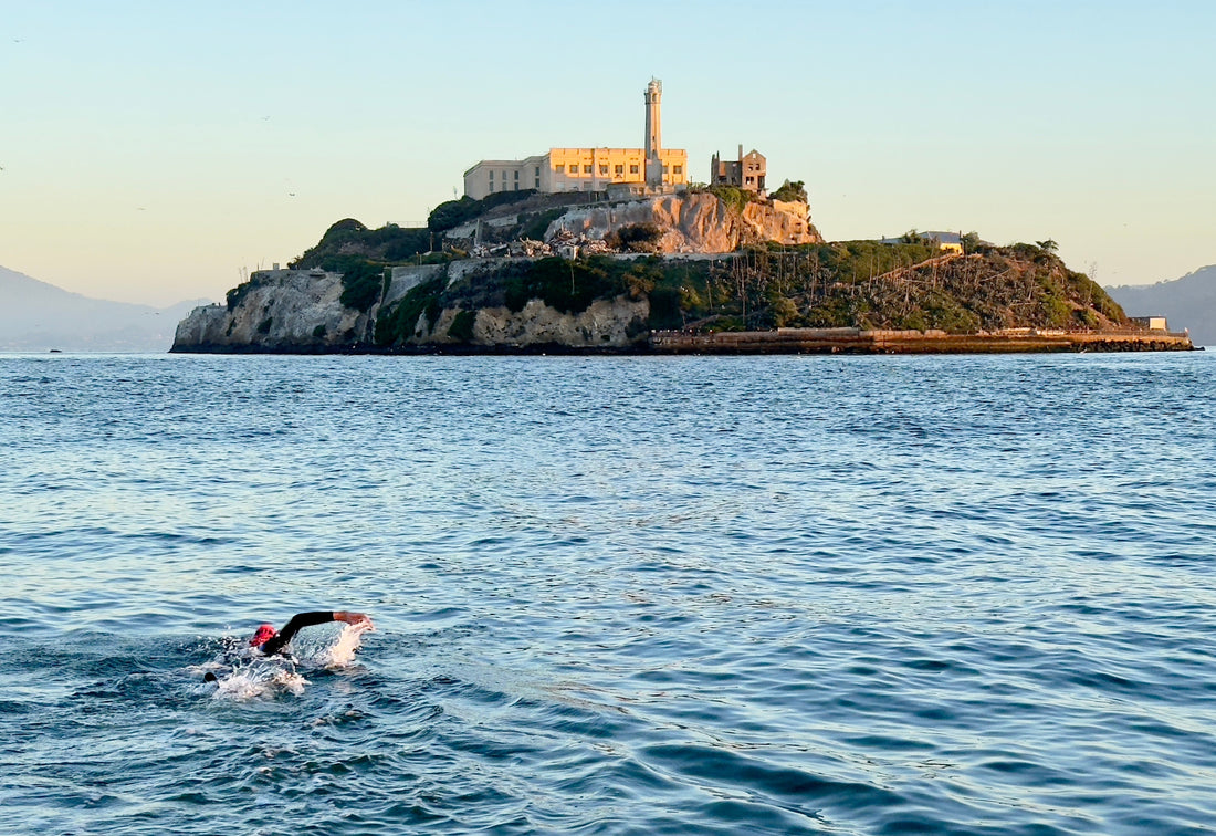 A swimmer in a wetsuit and pink swim cap swims toward Alcatraz Island on a clear, sunny day.