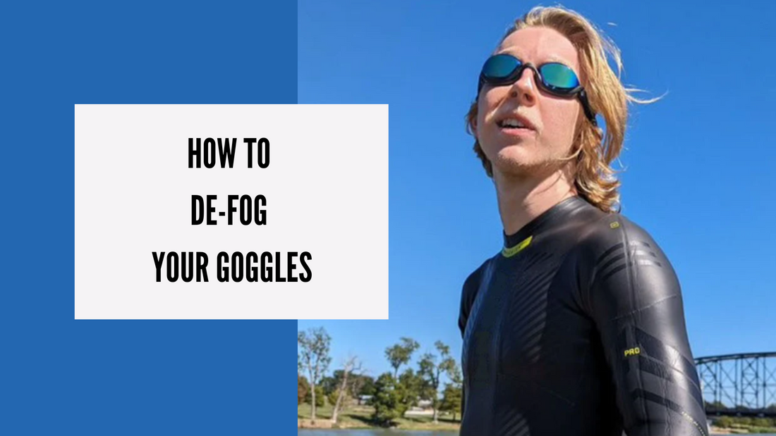 Do anti fog spray or baby shampoo really work for defogging swim goggles? A triathlete in a wetsuit stands in front of a bridge with goggles on