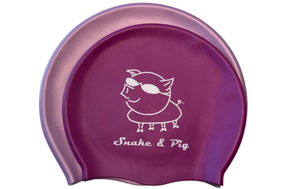 Compare the two purples and two sizes of Snake & Pig's S and M braid swim caps