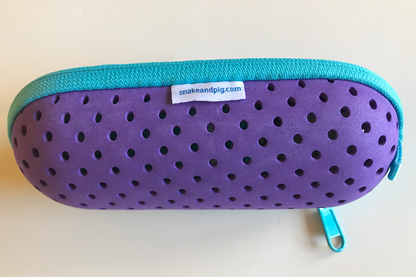 Ventilated swim goggle case - purple with a light blue zipper