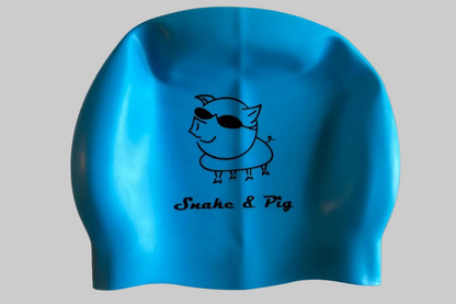 Blue swim cap with a logo and text on a white background