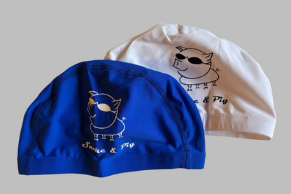 Lycra caps in blue and white on a gray background. Each one has the Snake & Pig logo printed on it