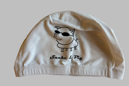 White lycra fabric swim cap with Snake and Pig logo on both sides
