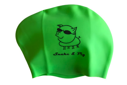 Neon green long hair silicone swim cap features a bright color for higher visibility in open water and the Snake & Pig pig logo