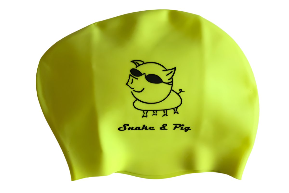 Neon yellow long hair silicone swim cap with Snake & Pig "pig with goggles" logo printed on both sides