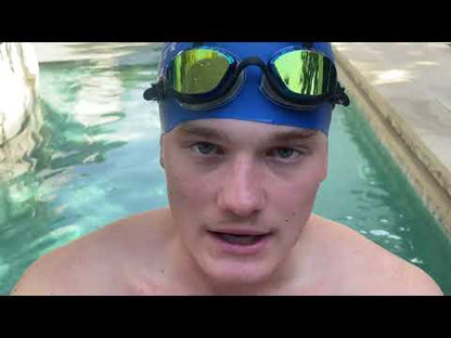 A video of a swimmer testing out a pair of Snake & Pig top anchor goggles in a small backyard pool.