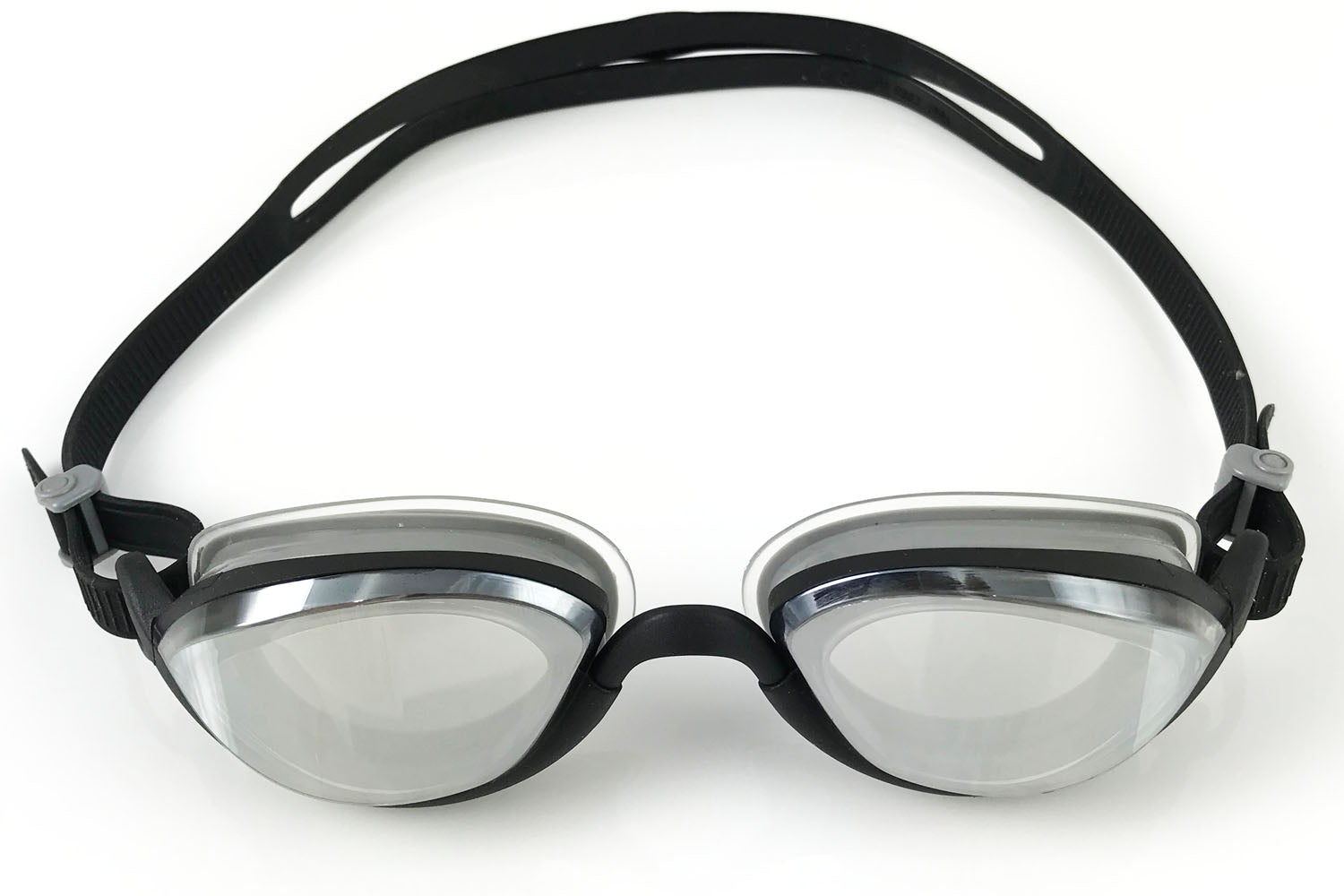 Snake & Pig Basilisk goggles with metallized lenses and black frames and straps viewed from the front